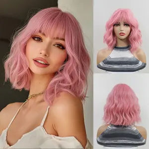 New Cosplay Wig for Women, Hot-Selling Style with Bangs, Cute Peach Pink Short Curly Bob Full Wig