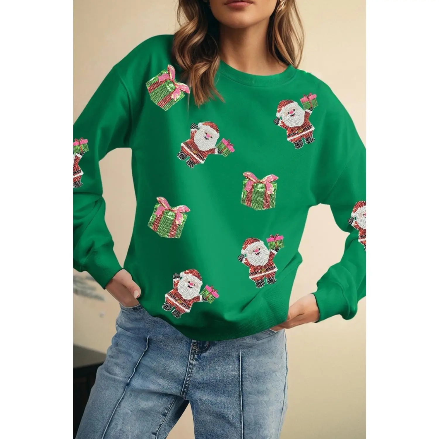 Dark Green Santa Delivering Gifts Christmas Sequin Graphic Sweatshirt