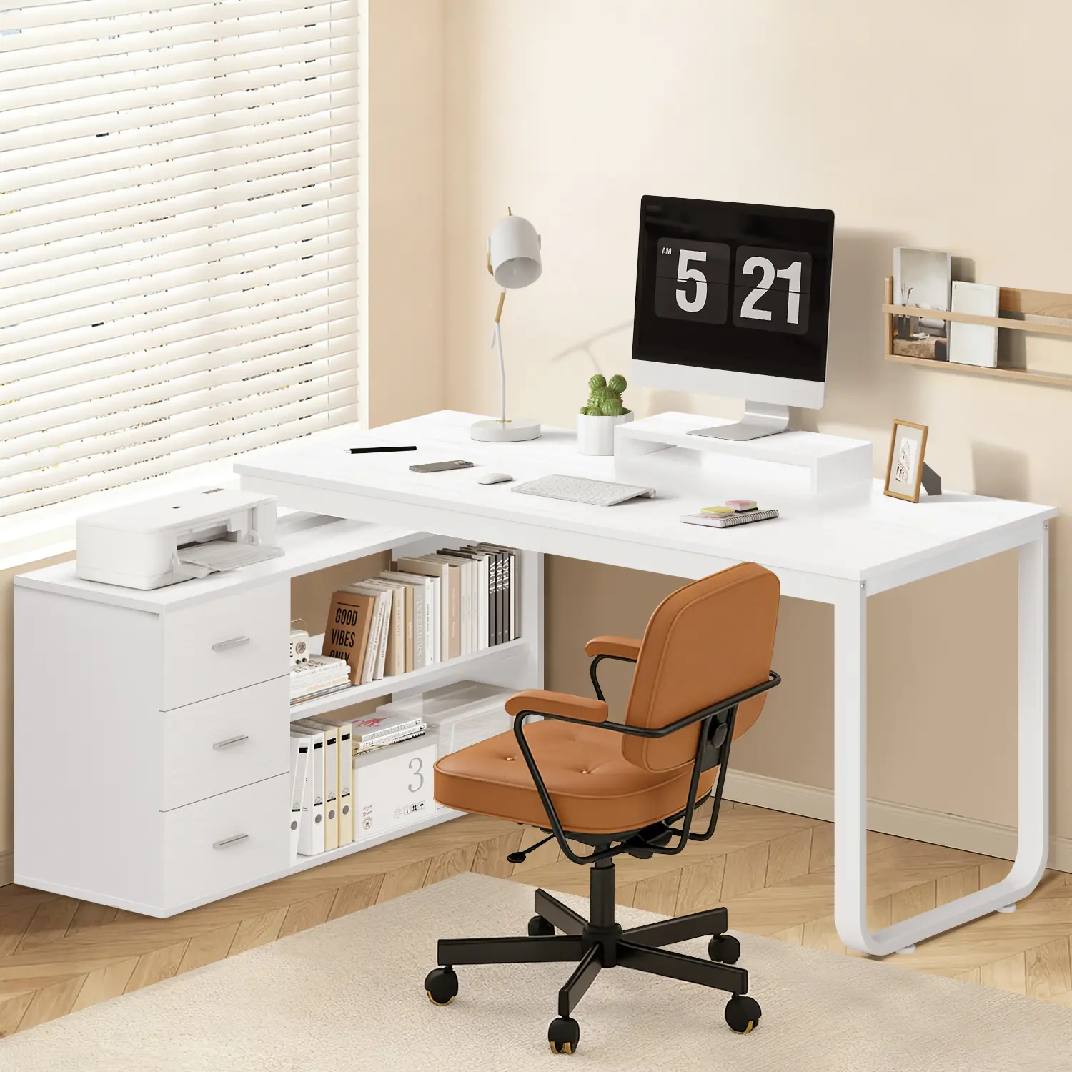 [SummerWins] HOMBCK L Shaped Desk with Drawers and Shelves, 55" Office Desk with Storage, Removable Monitor Stand, Reversible L Shaped Desk, Corner Desk for Bedroom,Home Office summer garden,fathers day gift ideas#home essentials#back to school
