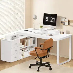 HOMBCK L Shaped Desk with Drawers and Shelves, 55" Office Desk with Storage, Removable Monitor Stand, Reversible L Shaped Desk, Corner Desk for Bedroom,Home Office