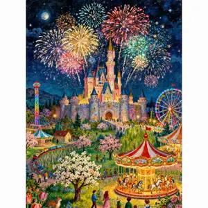 5D Full Drill Diamond Painting Kit - Magical Amusement Park Castle with Fireworks at Night, Oil Painting Texture, Round Acrylic Diamonds, Fairy Tale Dream Themed DIY Art Craft for Home Wall Decor, Ideal Gift for Family & Fantasy Lovers