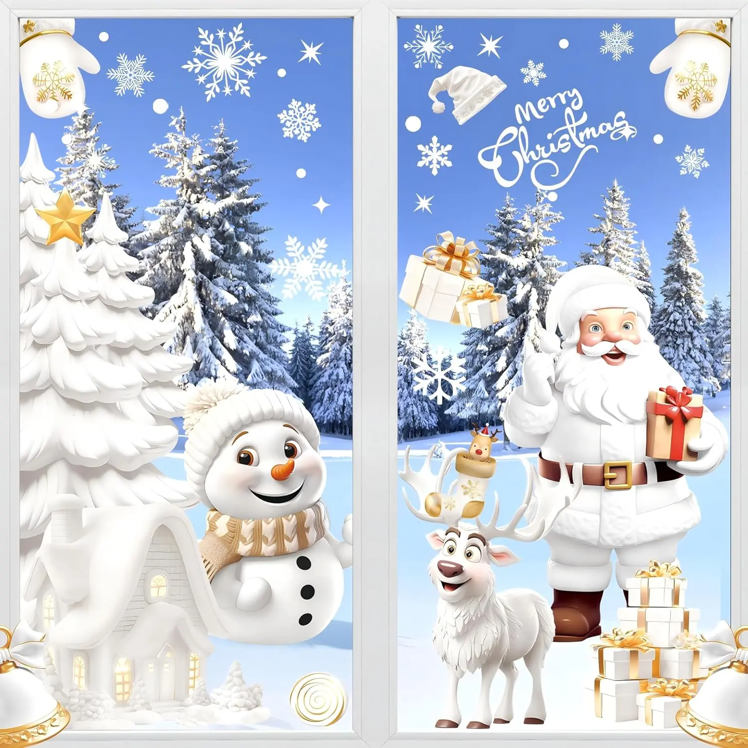 190 PCS Christmas Window Clings,  Large 3D Reusable Window Stickers for Glass, 9 Sheets Double Sided Santa Claus Snowman Snowflakes Reindeer Stickers for Party Decorations
