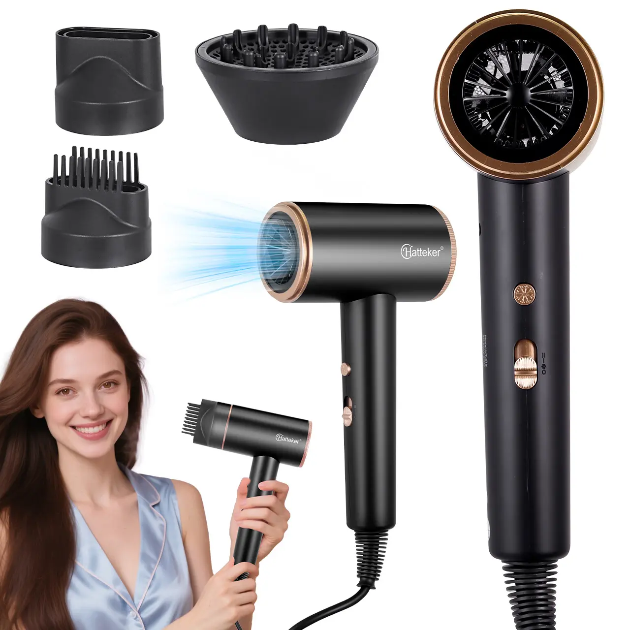 HATTEKER 3200W Ionic Hair Dryer for Fast Drying & Frizz Control, Thermostatic Styler with 3 Heat Settings & Styling Accessories
