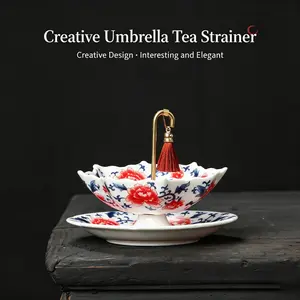 Elegant Floral Ceramic Tea Strainer with Tassel, Umbrella Shape Tea Infuser