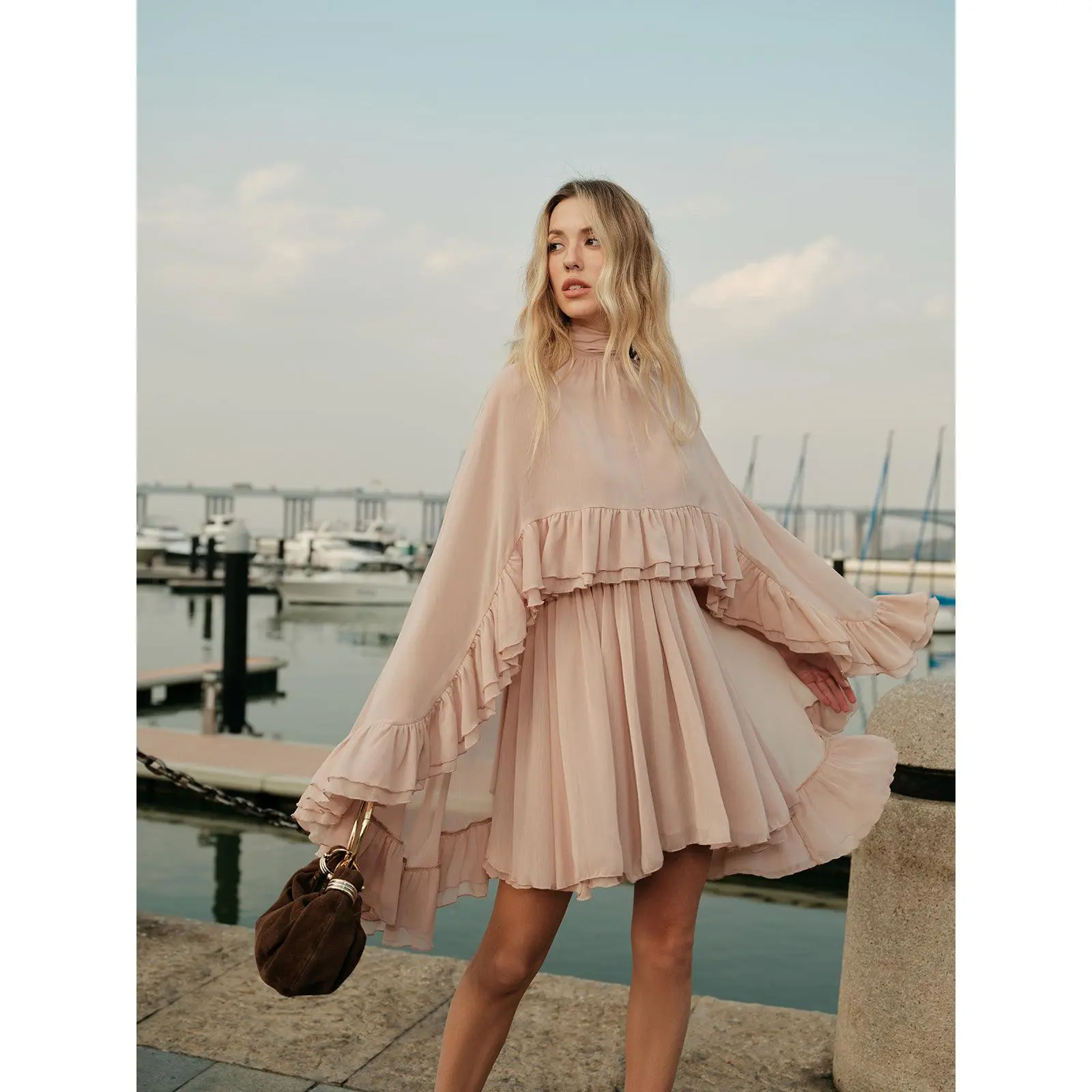 Semi-Sheer Chiffon Ruffle Dress With Outer Cape - TikTok Shop Semi-Sheer Chiffon Ruffle Dress With Outer Cape - TikTok Shop