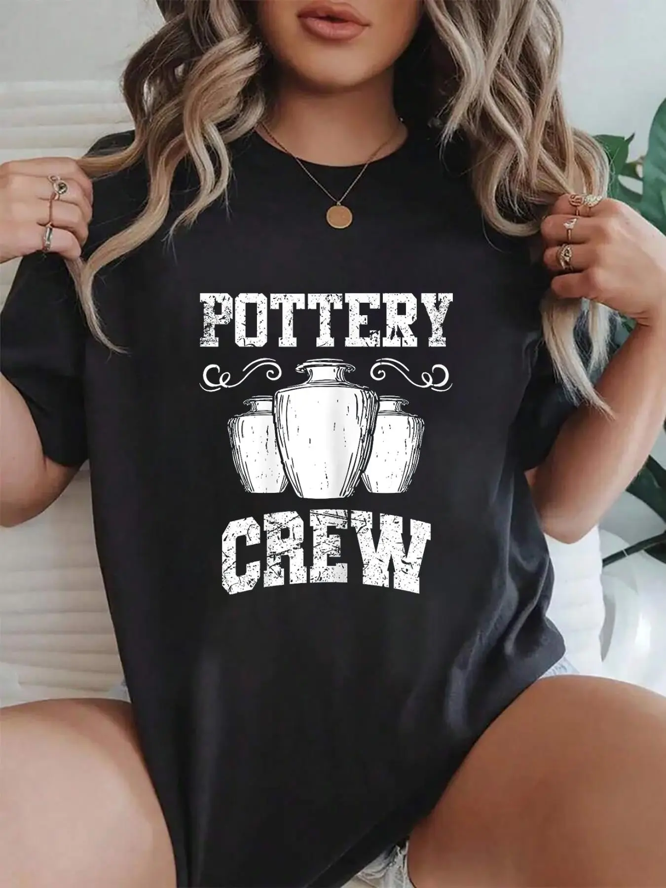 100% cotton Pottery Crew Funny Pottery Lovers Ceramics Artist Gift T-Shirt Women Graphic T-Shirt Cotton Print short Sleeve Casual Top, Summer Tee Womens Tops