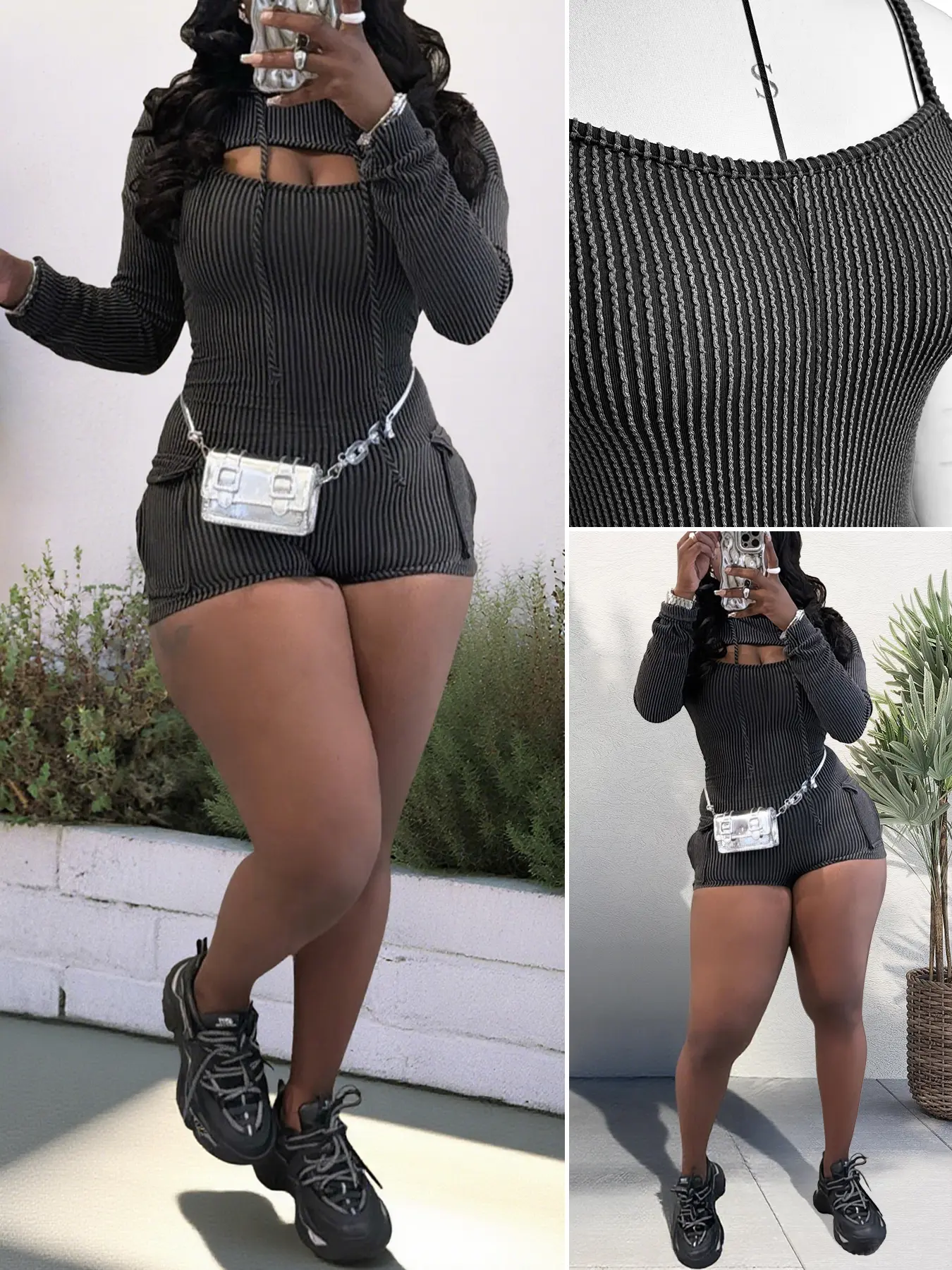 Echoine Women's 2-Piece Ribbed Knit Jumpsuit Set, Sporty Bodycon Bodysuit with Removable Hoodie and Adjustable Cargo Shorts, Stretchy, Soft, Longsleeves, Fabric, Sexy, Workout Outfits, Stretch Fabric, Soft Knit, Outdoor Wear, Adjustable Strap, Casual