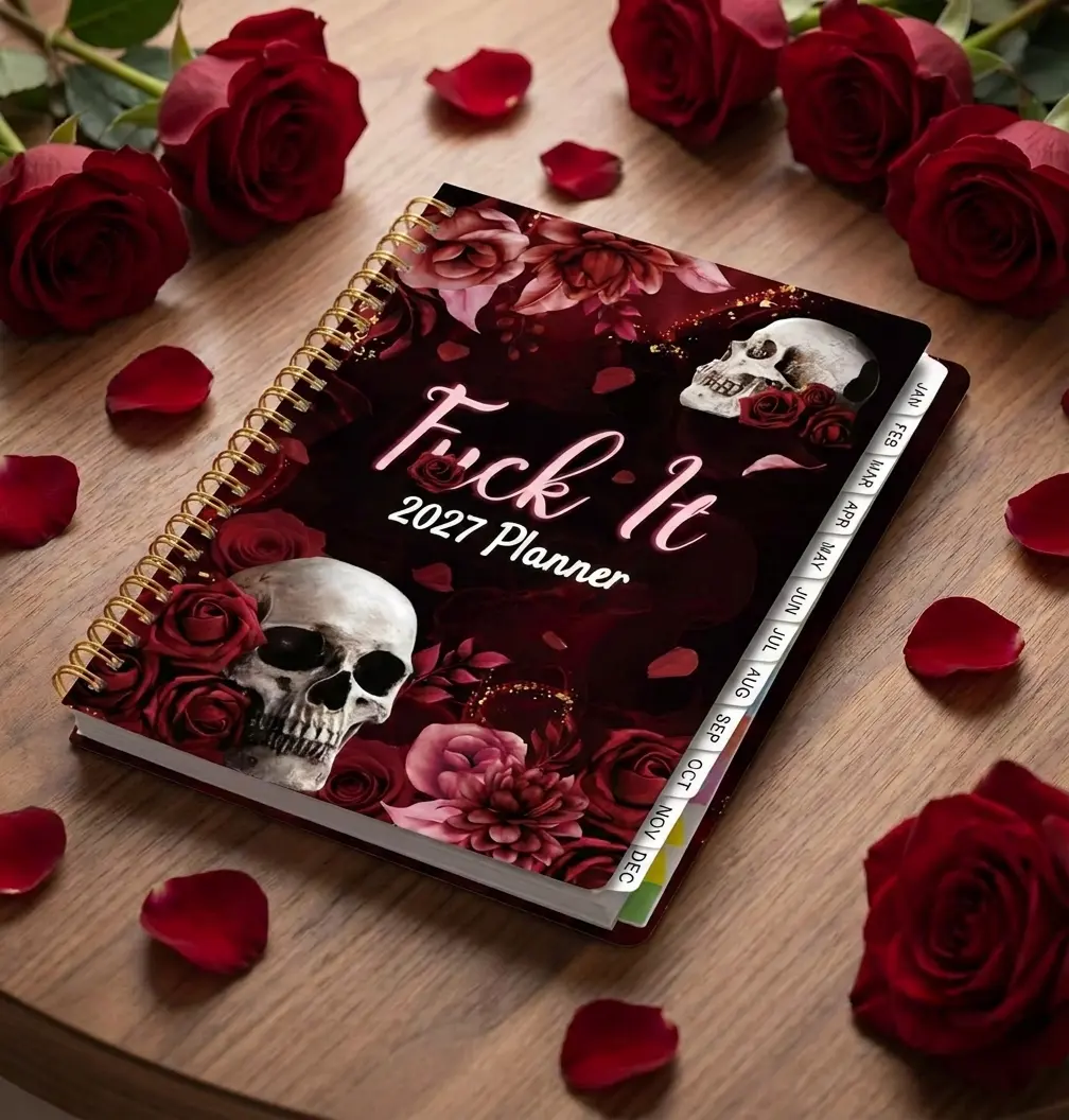 2027 A5 Weekly/Monthly Planner, Hardcover Gothic Skull Design, January to December, Includes Stickers, Labels and Back Pocket