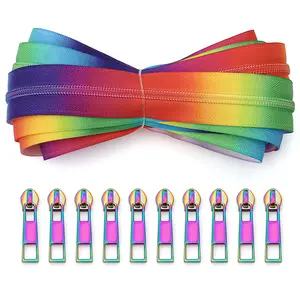 Rainbow Gradient Zipper Set, 5 Colors, Includes 10 Zipper Heads, Ideal for Home Sewing DIY Replacement Zippers