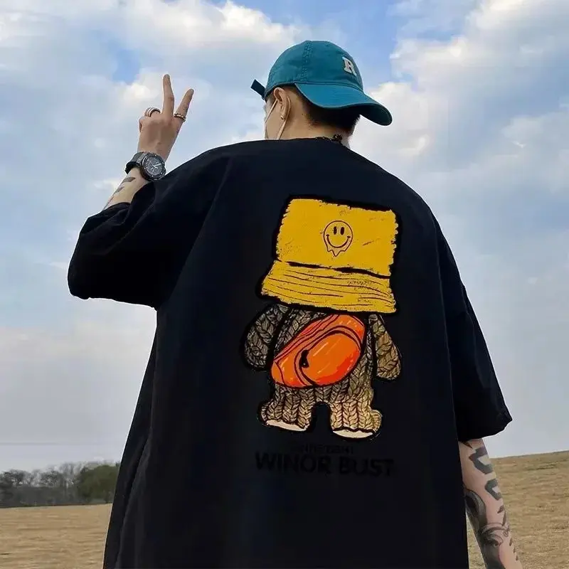 Men's Stylish Korean Casual Streetwear Polyester Short-Sleeved T-Shirt, Breathable Top, Multi-Size M-8XL, Round Neck, Tshirt, Clothes