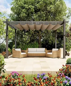 10x13 Ft Aluminum Pergola, Outdoor Metal Pergola with Adjustable Canopy, Reinforced Frame Outdoor Shelter for Backyard, Garden and Deck - Khaki