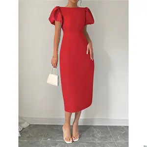 New For Dress Waist Cinched Short Elegant Color Elenzga Women Solid Sleeve Year Clothes Maxi Outfit