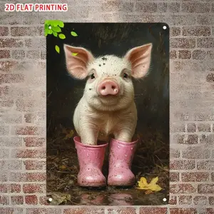 Vintage Farmhouse Style Metal Wall Art, 8x12 Inch Pig in Rain Boots, Indoor Outdoor Decor, Kitchen Coffee Shop Bar Decoration