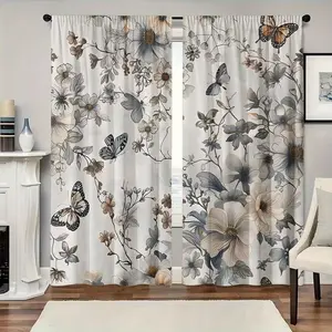 2 pieces, high-definition digital floral and butterfly pattern prints, tinted curtains, Home Decorative Curtain, Window Drapes, suitable for decoration in bedrooms, living rooms, offices and homes, pole pocket design, suitable for hanging on poles