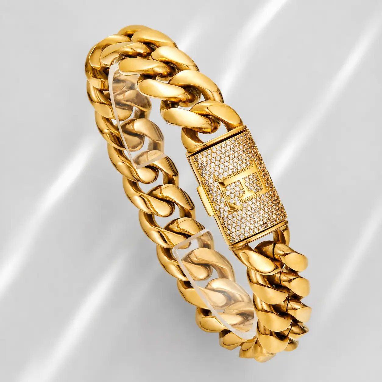 14mm Iced Miami Cuban Link Bracelet for Men Women, Chunky Hip Hop Curb Chain with B Initial Rhinestone Box Clasp, Gold Silver Black, 7.5/8.5 Inch