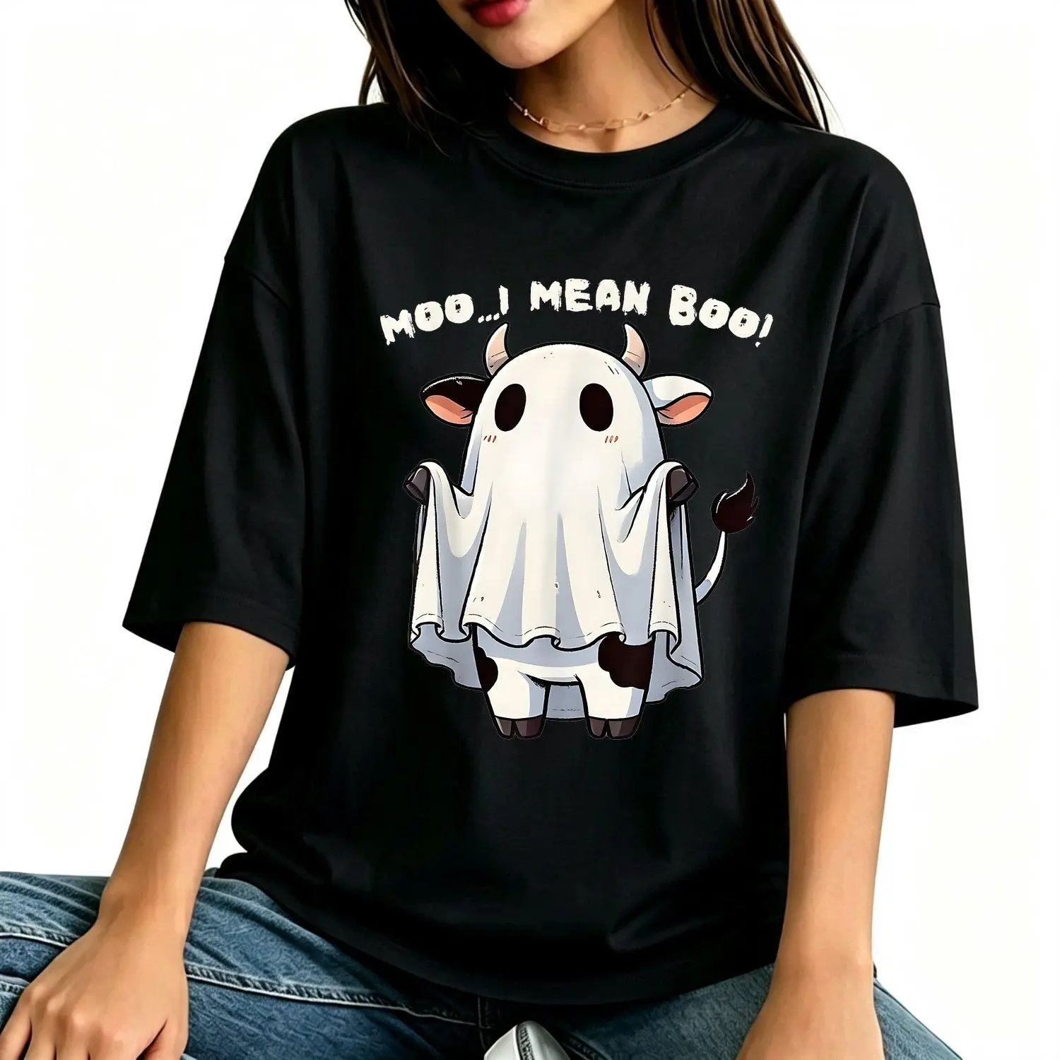 Womens Short Sleeves Sport T Shirt Moo I Mean Boo Funny Cow Retro Crew Neck Costume Shirt Suitable for Halloween Parties Themed Events Casual Attire Machine Washable Printed Tee