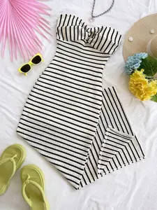 1 Piece Textured Stripe Bandeau Strapless High Waist Split Maxi Dress, Casual Flowy Beach Vacation Dress Summer