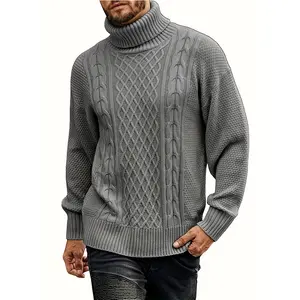 "Men's Warm Turtleneck Sweater - Cable Knit, Gray, Suitable for Layering in Cold Weather" Autumn Clothing
