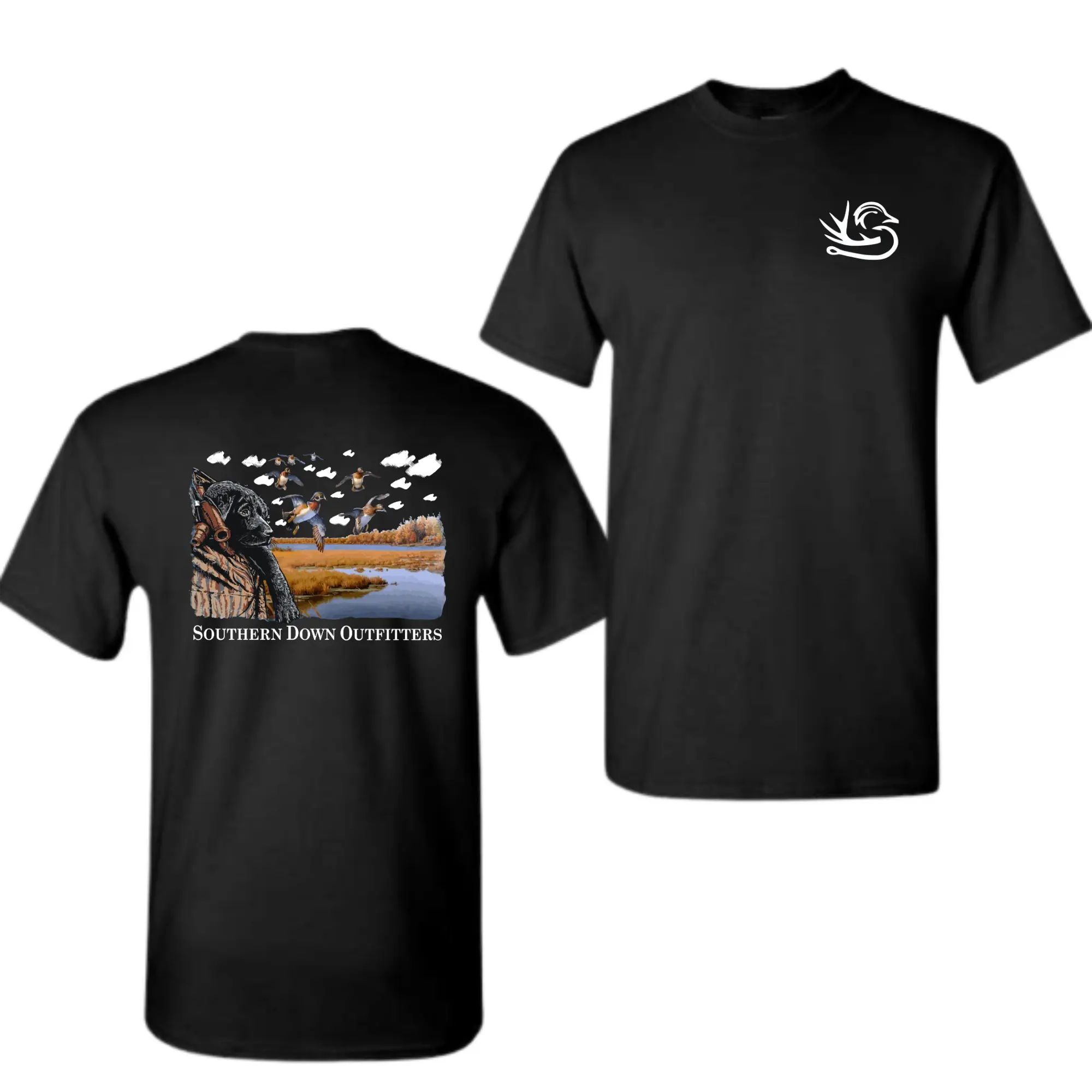 Dog T-Shirt, Hunting Lab & Flying Ducks Graphic Tee, Scenic Marsh Landscape Outdoor Shirt for Men Women, Southern Shirts Clothing Merch, T-Shirt for Men, Men’s Shirts Summer, Merch for Men, Men’s Wear Flash Sale