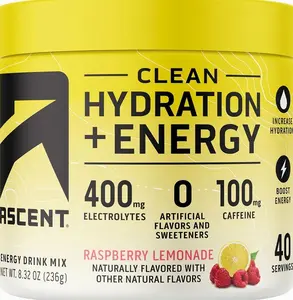 Ascent Clean Hydration + Energy Electrolytes Powder - 100mg Caffeine, 400mg Electrolytes, No Artificial Ingredients, Raspberry Lemonade 40 Servings