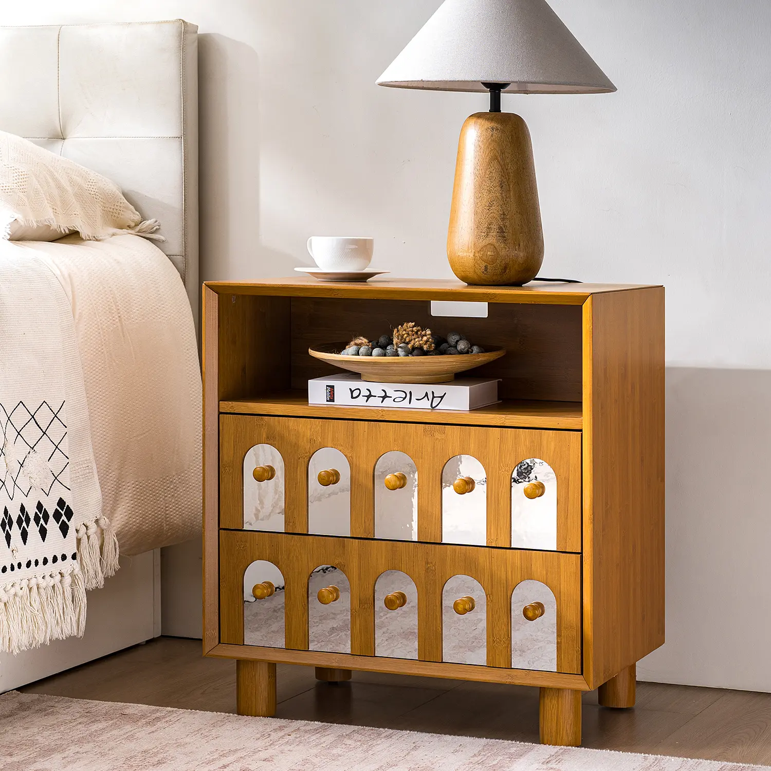 Bellemave 2-Drawer Rectangular Wooden Nightstand with Mirror Fronts, Charging Port, Solid Legs & Tool-Free Setup - Assembled, Flat-Top, Sleek, Multi-Purpose 26.75x15.75x26.38in Indoor Wooden Table Bedside Table, Assembled Bedside Tables