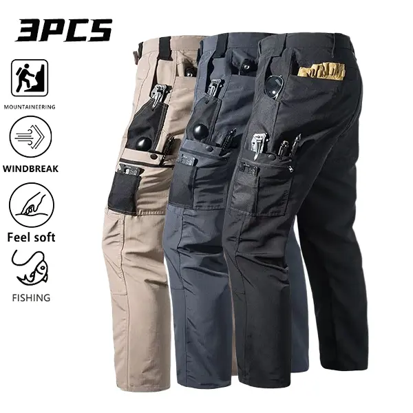 Men’s 3-pack multifunctional tool pouch tactical pants with multiple storage compartments and 3D pockets, made from windproof, skin-friendly fabric—ideal for hiking, fishing, camping, and everyday wear.