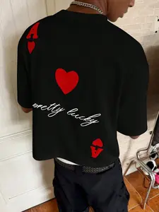 1 Men's Black Cropped Oversized Tee, Casual, Ace of Hearts & "Pretty Lucky" Graphic, Y2K Streetwear Style, Ideal for Edgy Urban Outfits