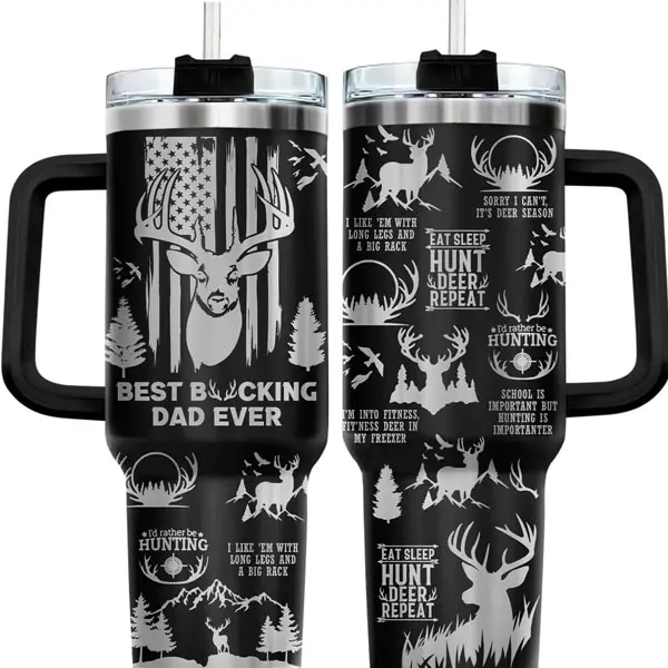 40 Oz Hunting Tumbler With Handle And Straw, Best Bucking Dad Ever Deer Hunting Tumbler, Funny Hunter Gift For Dad, Deer Hunting Travel Cup For Men