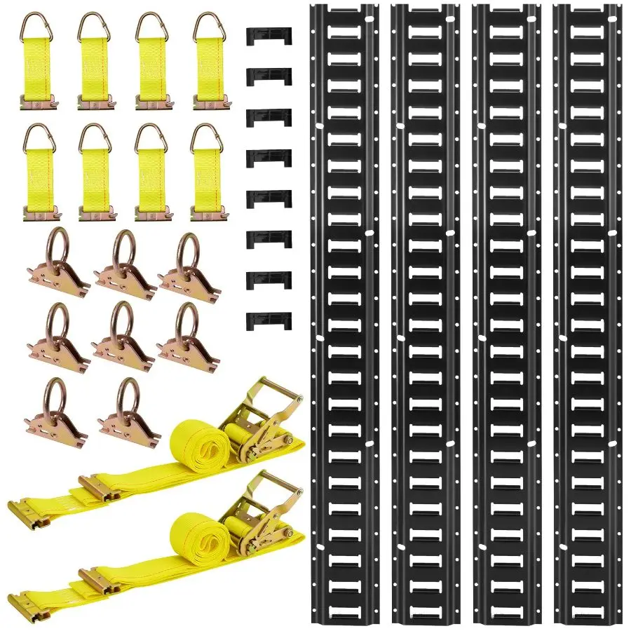 【DealsForYouDays】【DealsForYouDays】 VEVOR E-Track Tie-Down Rail Kit, 4 Pack 7.7 ft E Track Rails, 26 Pcs Includes 2 Ratchet Straps 8 O-Rings 8 Tie-Offs with D-Ring 8 End Caps, Fit for Garages Vans Trailers Motorcycles, Cargo Trailer Straps, 7.7Ft Railsdeal