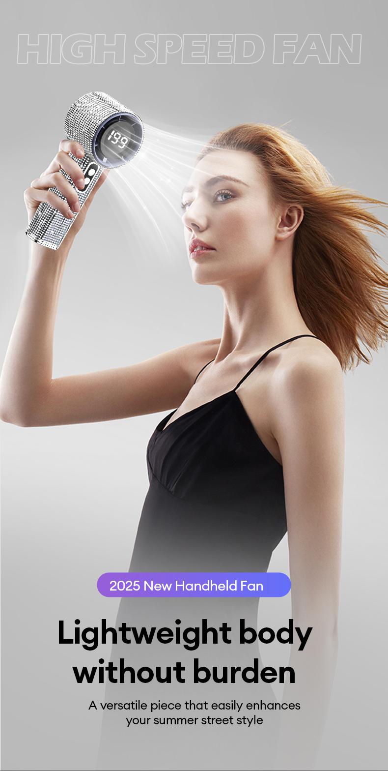 PAXA M15 Full Diamond Luxury Craftsmanship Portable Handheld Fan, 3 Gear Wind, Rechargeable Long Battery Life Hand Fan With Digital Display For Outdoor Activities, Travel, Office, Wonmen's gift