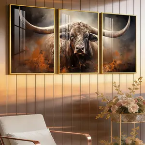 3Pcs Aluminum Alloy Framed Painting, Powerful Bull Head Smoke Art Picture, Home Decoration For Living Room, Bedroom, Office, Restaurant, Hallway Wall Decor, Odorless Print Artwork, Luxury Perfect Gift For Friends And Family