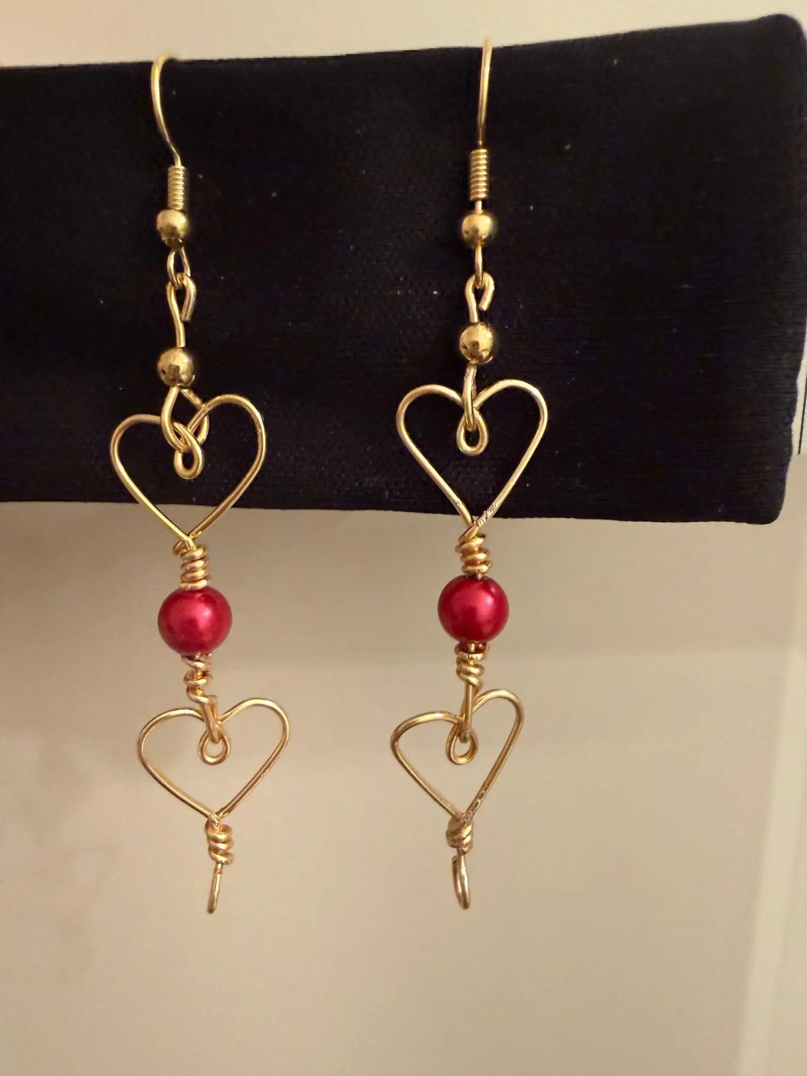 Handcrafted Two Heart Dangling Earrings with Red Bead Accent, Romantic Handmade Jewelry for Women, Gift for Her
