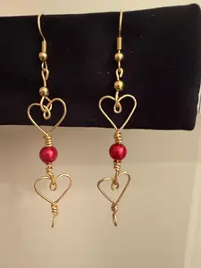 Handcrafted Two Heart Dangling Earrings with Red Bead Accent, Romantic Handmade Jewelry for Women, Gift for Her