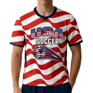 USA Soccer Fan Red White Striped Jersey with Graphic Print