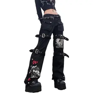 Women Y2k Pants Goth Punk Emo Pants Baggy Bell Bottom Jeans Y2k Wide Leg Jeans Harajuku Grunge Pants Cargo Pants Hip Hop Clothes