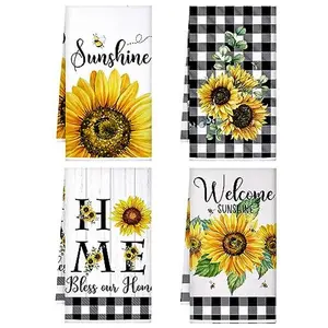 Bencailor 4 Pcs Sunflower Kitchen Towels Summer Sea Beach Flower Floral Cow Kitchen Dish Towels Fast Drying Kitchen Decor for Cooking(Yellow,Sunflower)