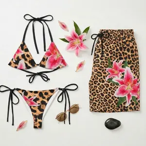 Matching Couple Swimsuits Matching Leopard Print Men's Swim Trunks with Pink Lily Floral, Tropical Animal Print Beach Shorts, Exotic Summer Board Shorts, Gift for Him