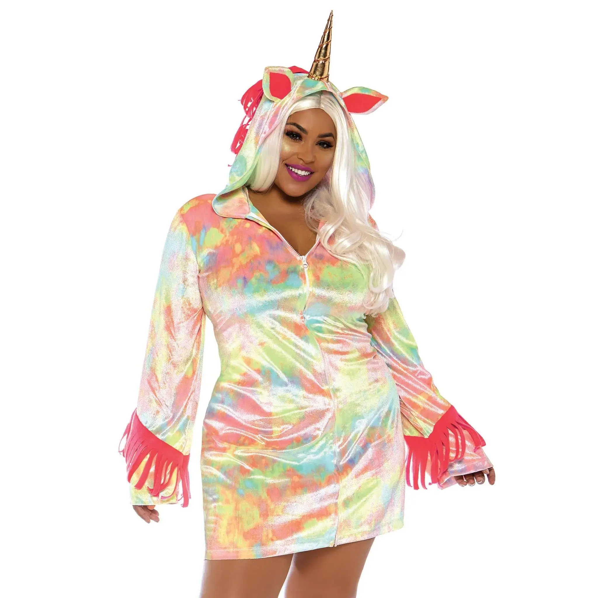 Women's Enchanted Unicorn Costume Dress, Tie-Dye Velvet Fabric with Zipper Front, Gold Horn Hood, and Tail for Fairy Halloween Parties, Accessories, Vibe, Clothes, Fit, Piece, Style, Leggings
