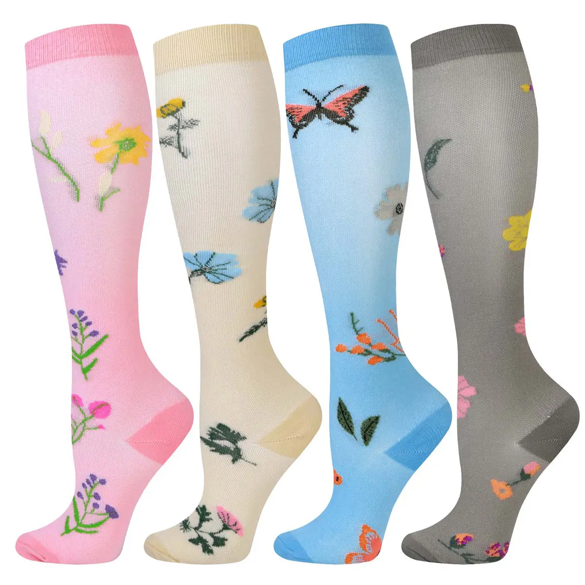 Isunie 4 Pairs Floral Pattern Compression Socks for Women & Men, Breathable, Leg Support, All-Day Comfort, Walking, Travel, Standing, Work, Daily Wear, Casual Wear