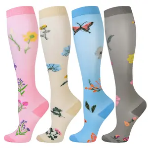 ISUNIE 4 Pairs Floral Pattern Compression Socks for Women & Men, Breathable, Leg Support, All-Day Comfort, Walking, Travel, Standing, Work, Daily Wear, Casual Wear, Mid-Year Limited-Time Deal