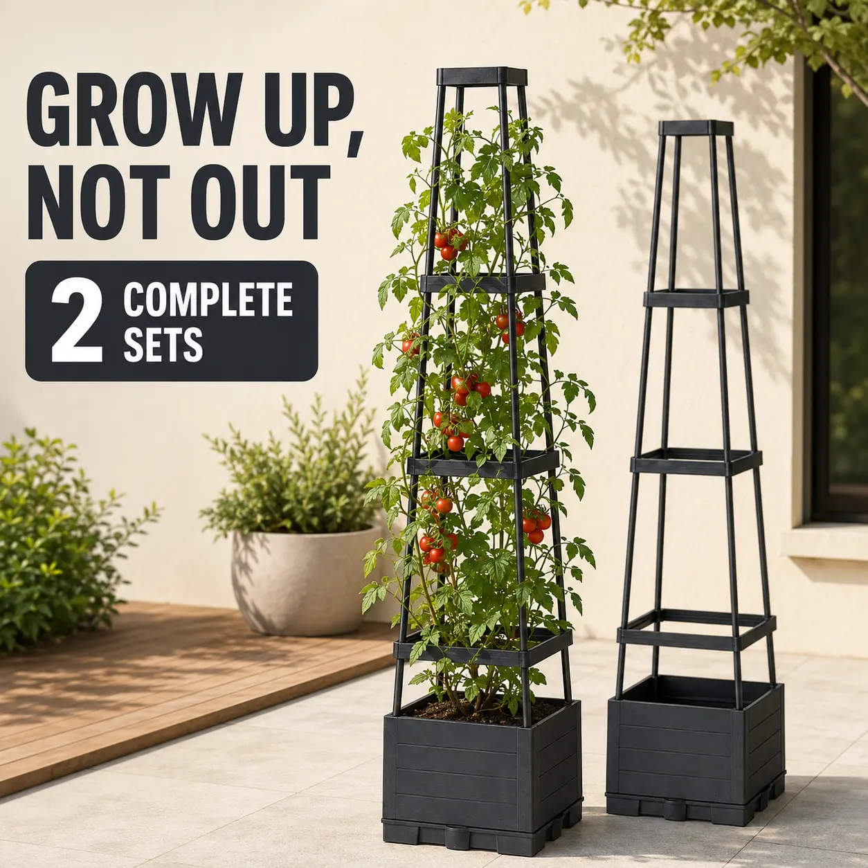 Costech 2 Pack Tower Trellis with Planter Box, 55.1 Inch 3-Tier Wood-Grain Look Plastic Trellis for Climbing Plants, Vines, Flowers, Tomatoes and Vegetables, Indoor Outdoor Patio Garden