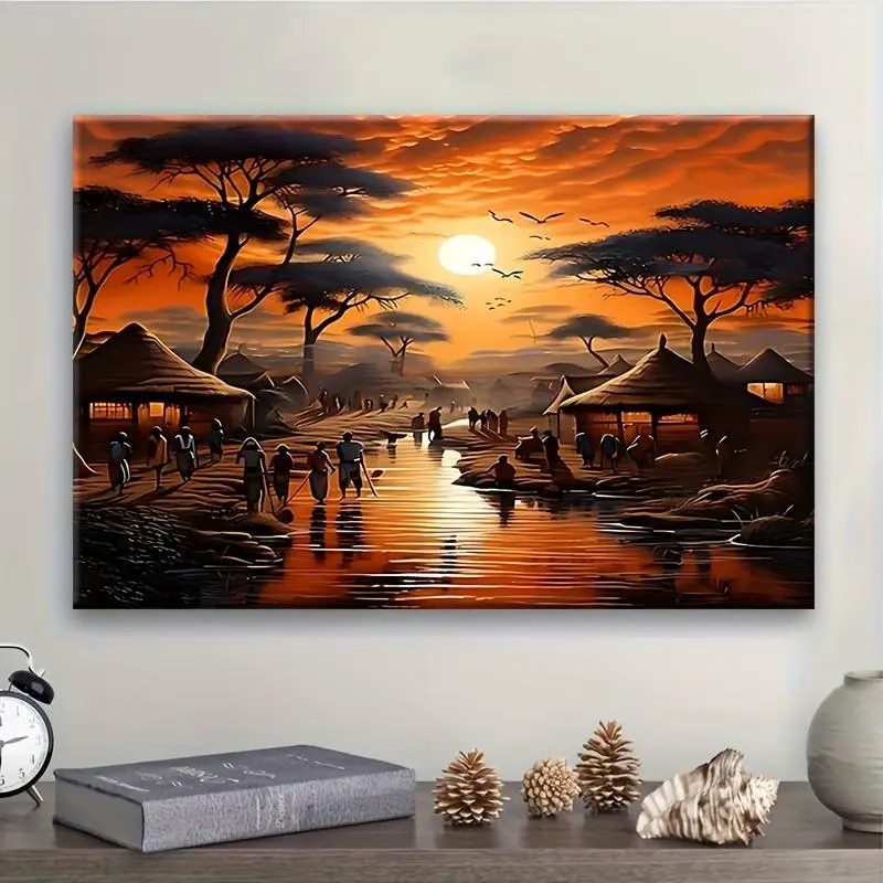 1pc Frame-Style Artistic African Tribal Sunset Canvas Print - Waterproof, Durable Wood-Framed Hangable Wall Art, 1-Piece 2D Flat Decoration for Living Room, Bathroom Home Decor, Ready to Hang, One-Piece