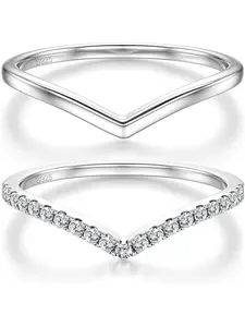 2PCS Silver Rings for Women 925 Sterling Silver 14k Gold Plated Wishbone Ring Non Tarnish Wedding Bands Stackable Dainty V Shaped Rings CZ Wedding Rings Promise Ring Engagement 5-10
