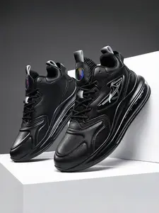 1 Pair Men's Black White Plus Size Air Cushion Basketball Shoes Trendy Sports Style Mesh Leather Splicing Sufficient Sizes Excellent Shock Absorption For Basketball Sports And Daily Outings High Top Shoes