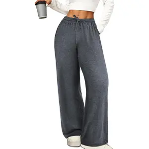 Wide Leg Pants with Pockets Ribbed Knit Lounge Trousers Loose Comfy Casual Drawstring Pull On Pants