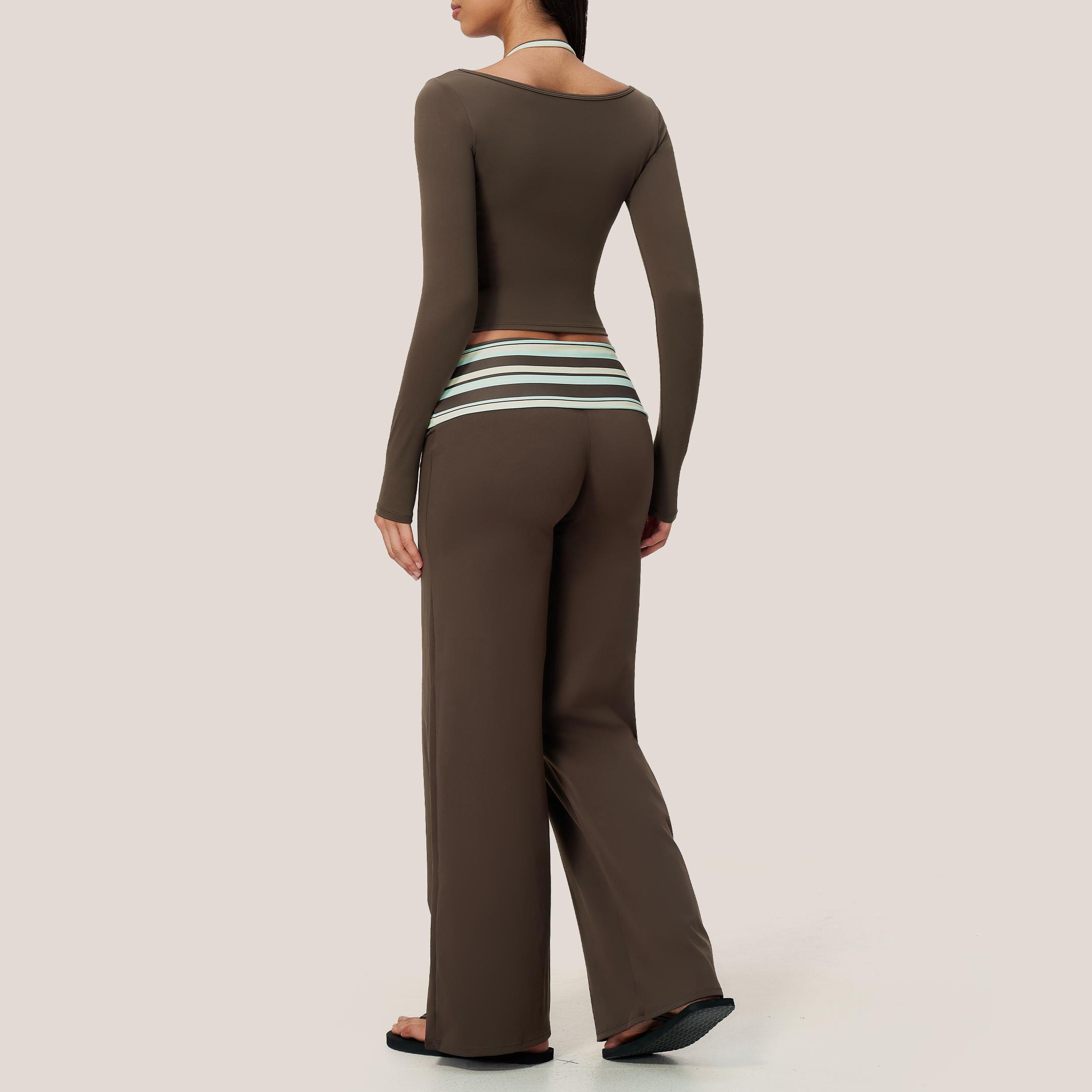 GIAFIRE Women’s Autumn 2-Piece Yoga Sportswear Set - U-neck Paneled Halter Long-Sleeve Top, High-Waisted Wide-Leg Slight Flare Pants, Highly Elastic Soft Breathable Quick-Drying Activewear for Pilates, Outdoor Sport