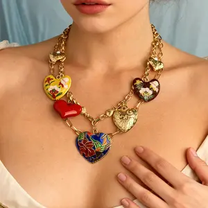 Long Layered Female Necklace with Heart Pendants - Bohemian & Classy, Ideal for Daily Wear, Parties, Professional Settings, Accessories for Women, Magnetic Earrings, Spicy Accessories, Funky Unique, Romantic, Whimsical Accessories.