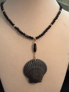 Gray skies Gulf – Dark Calico Scallop Shell Necklace on Black Crystal Bead Chain