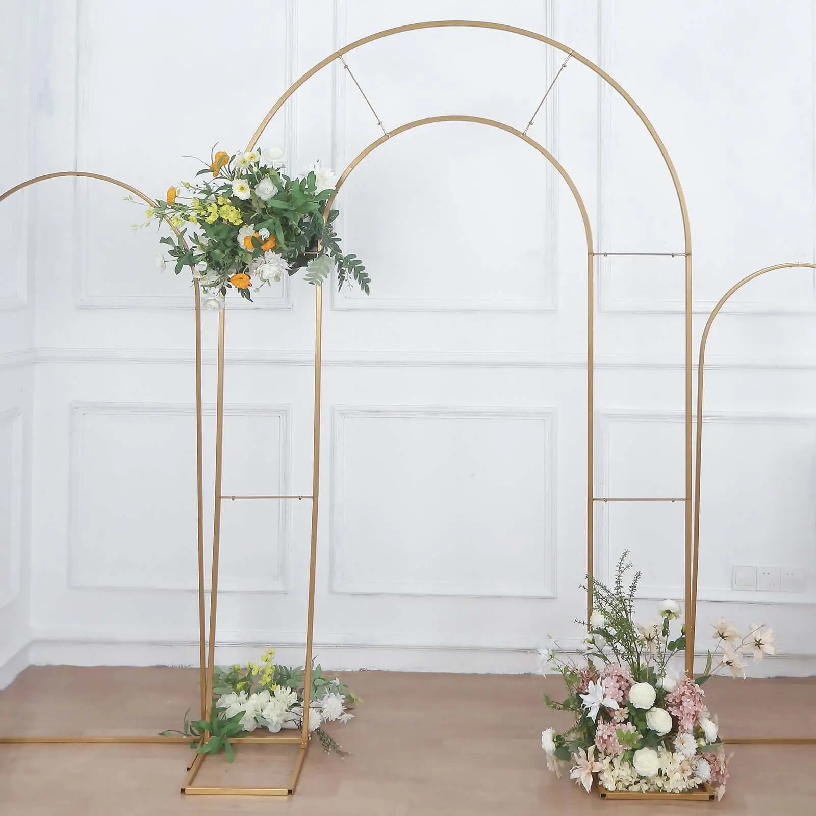 Gold Metal Round-Top Double Arch Wedding Party Backdrop Stand - 8ft Tall Screw-Assembled Flower Balloon Frame Ceremony Arbor, Festive Decoration for Wedding/Birthday, Easy-Storage Home & Party Supply