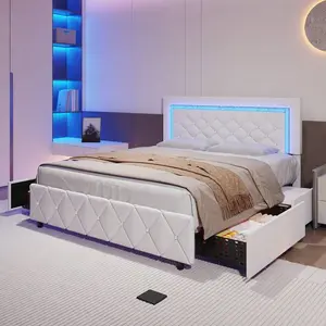 Twin/ Full/ Queen Bed Frame With Drawers, Upholstered Bed Frame With LED Lights, Modern Platform Bed Frame With Headboard And Footboard, Diamond Tufted Design, No Box Spring Needed (Twin Size 2 Drawers/ Other Size 4 Drawers)  ( USB LED Strip)